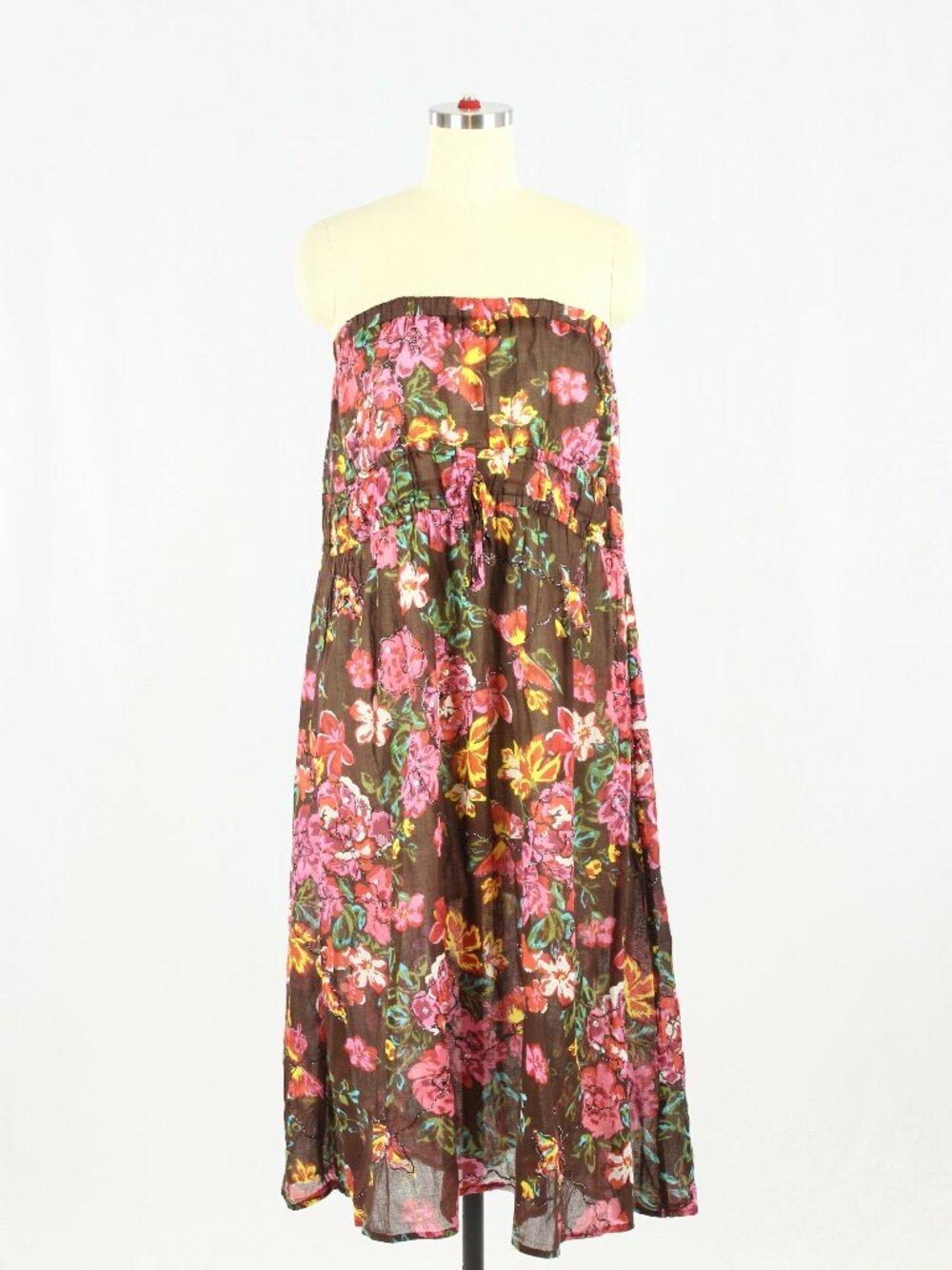 Vintage 90's FLOWER Brown Pink Beaded Sequin Floral Cotton Gauze Dress, One Size